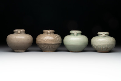 Eight Chinese Longquan celadon jarlets with floral design, Song/Yuan