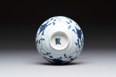 Four Chinese blue and white bowls, two cups and a plate, Ming
