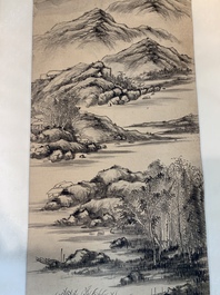 Yi Ting 彝庭, Gong Yin 宮音 and Zhang Mingxuan 張明軒 : 'Mountainous landscape', 'Peonies' and 'Grapes', ink and colour on paper and silk, 20th C.