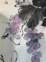 Yi Ting 彝庭, Gong Yin 宮音 and Zhang Mingxuan 張明軒 : 'Mountainous landscape', 'Peonies' and 'Grapes', ink and colour on paper and silk, 20th C.