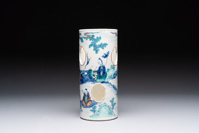A Chinese doucai 'Eight Immortals' openworked hat stand, Kangxi mark, 19th C.