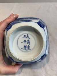 A Chinese blue and white square bowl with ladies in a garden, Kangxi mark and of the period