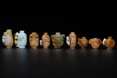 A large collection of 60 Chinese jadeite snuff bottles, 20th C.