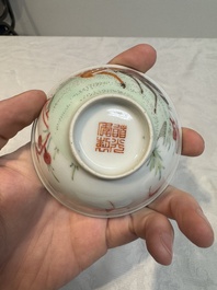 A pair of Chinese famille rose 'deer and bats' bowls, Daoguang mark, 20th C.