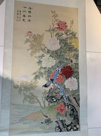 Yi Ting 彝庭, Gong Yin 宮音 and Zhang Mingxuan 張明軒 : 'Mountainous landscape', 'Peonies' and 'Grapes', ink and colour on paper and silk, 20th C.