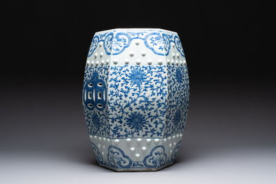 A Chinese blue and white hexagonal 'lotus scroll' garden seat, Qianlong/Jiaqing