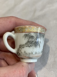 A pair of rare Chinese gilt-decorated grisaille and iron-red miniature 'horse' cups, Yongzheng/Qianlong