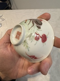 A pair of Chinese famille rose 'deer and bats' bowls, Daoguang mark, 20th C.