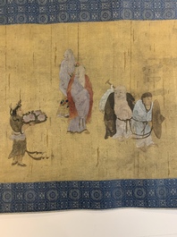 Chinese school: 'Immortals and monks', ink and colour on silk, Qing or later