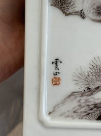 A square Chinese grisaille 'eagle' brush pot, signed Lu Yunshan 陸雲山, dated 1946