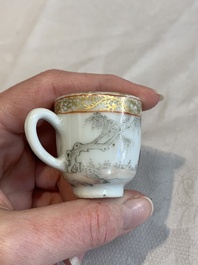 A pair of rare Chinese gilt-decorated grisaille and iron-red miniature 'horse' cups, Yongzheng/Qianlong