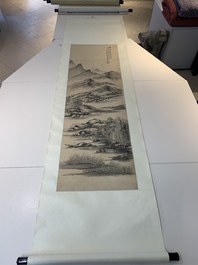 Yi Ting 彝庭, Gong Yin 宮音 and Zhang Mingxuan 張明軒 : 'Mountainous landscape', 'Peonies' and 'Grapes', ink and colour on paper and silk, 20th C.