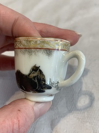 A pair of rare Chinese gilt-decorated grisaille and iron-red miniature 'horse' cups, Yongzheng/Qianlong