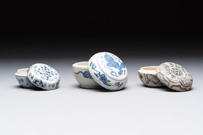 Five Chinese blue, white and monochrome jarlets and seven covered boxes, Yuan/Ming
