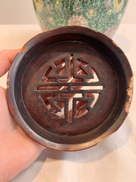 A Chinese verte biscuit 'lotus scroll' jar with wooden cover, Qing
