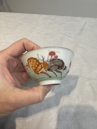 A pair of Chinese famille rose 'deer and bats' bowls, Daoguang mark, 20th C.