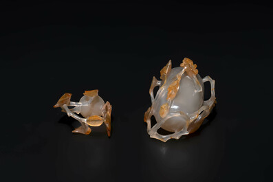 A Chinese jadeite brush washer in the form of a peach and an agate covered jar, 19th C.
