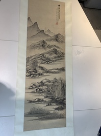 Yi Ting 彝庭, Gong Yin 宮音 and Zhang Mingxuan 張明軒 : 'Mountainous landscape', 'Peonies' and 'Grapes', ink and colour on paper and silk, 20th C.