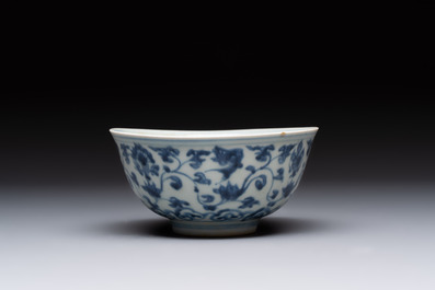 Four Chinese blue and white bowls, two cups and a plate, Ming