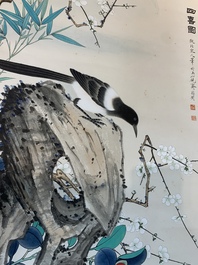 Yu Fei'an 于非闇 (1889-1959): 'Four magpies and plum blossom', ink and colour on paper