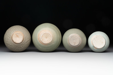 Eight Chinese Longquan celadon jarlets with floral design, Song/Yuan