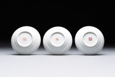 Six fine Chinese famille rose 'Xi Xiang Ji' cups and saucers, Xianfeng mark and of the period