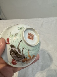 A pair of Chinese famille rose 'deer and bats' bowls, Daoguang mark, 20th C.