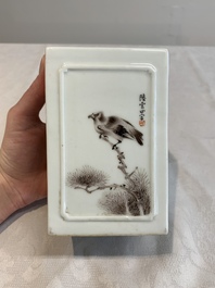 A square Chinese grisaille 'eagle' brush pot, signed Lu Yunshan 陸雲山, dated 1946