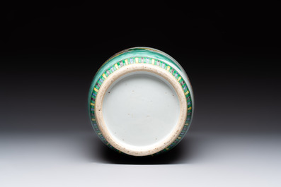 A Chinese famille verte rouleau vase with immortals, 19th C.
