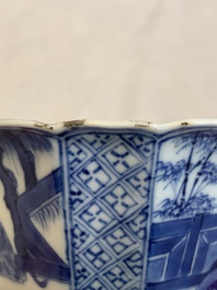 A Chinese blue and white square bowl with ladies in a garden, Kangxi mark and of the period