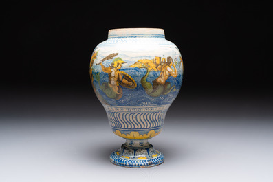 A rare polychrome Nevers earthenware baluster vase with tritons and satyrs, 2nd half 17th C.