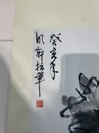 Yi Ting 彝庭, Gong Yin 宮音 and Zhang Mingxuan 張明軒 : 'Mountainous landscape', 'Peonies' and 'Grapes', ink and colour on paper and silk, 20th C.
