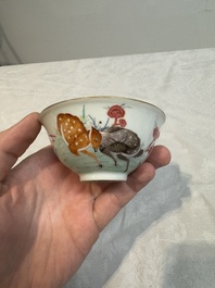 A pair of Chinese famille rose 'deer and bats' bowls, Daoguang mark, 20th C.