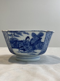 A Chinese blue and white square bowl with ladies in a garden, Kangxi mark and of the period