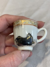 A pair of rare Chinese gilt-decorated grisaille and iron-red miniature 'horse' cups, Yongzheng/Qianlong
