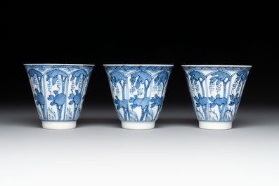 11 Japanese blue and white cups and 12 saucers with floral design, Chenghua mark, Meiji, 19th C.
