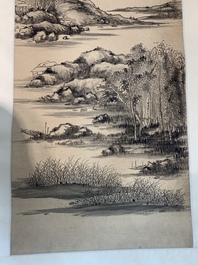 Yi Ting 彝庭, Gong Yin 宮音 and Zhang Mingxuan 張明軒 : 'Mountainous landscape', 'Peonies' and 'Grapes', ink and colour on paper and silk, 20th C.