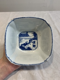 A Chinese blue and white square bowl with ladies in a garden, Kangxi mark and of the period