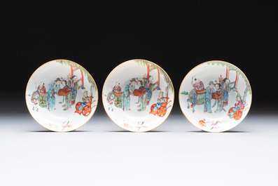 Six fine Chinese famille rose 'Xi Xiang Ji' cups and saucers, Xianfeng mark and of the period