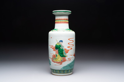 A Chinese famille verte rouleau vase with immortals, 19th C.