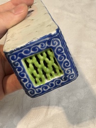 A Chinese blue- and green-enamelled reticulated incense stick holder, 19th C.