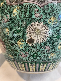 A Chinese verte biscuit 'lotus scroll' jar with wooden cover, Qing