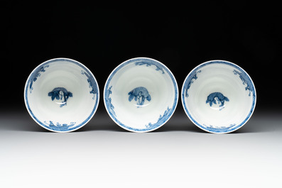 11 Japanese blue and white cups and 12 saucers with floral design, Chenghua mark, Meiji, 19th C.