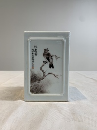 A square Chinese grisaille 'eagle' brush pot, signed Lu Yunshan 陸雲山, dated 1946