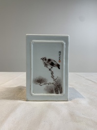 A square Chinese grisaille 'eagle' brush pot, signed Lu Yunshan 陸雲山, dated 1946