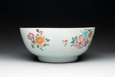 A large Chinese famille rose punch bowl with flowering and fruiting branches, Qianlong