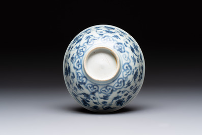 Four Chinese blue and white bowls, two cups and a plate, Ming
