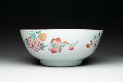 A large Chinese famille rose punch bowl with flowering and fruiting branches, Qianlong