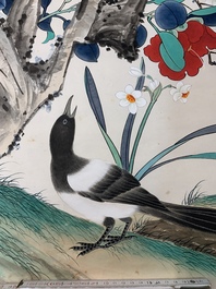 Yu Fei'an 于非闇 (1889-1959): 'Four magpies and plum blossom', ink and colour on paper