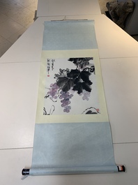 Yi Ting 彝庭, Gong Yin 宮音 and Zhang Mingxuan 張明軒 : 'Mountainous landscape', 'Peonies' and 'Grapes', ink and colour on paper and silk, 20th C.
